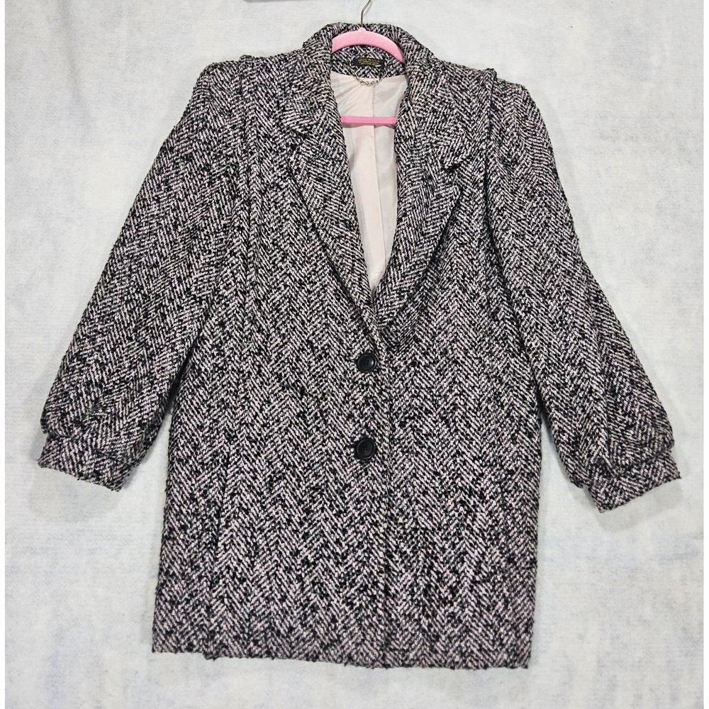 VTG 1980s Coat Womens Sz‎ M 10/8 Pencil Tweed New Wave Shoulder Pads Black Pimk